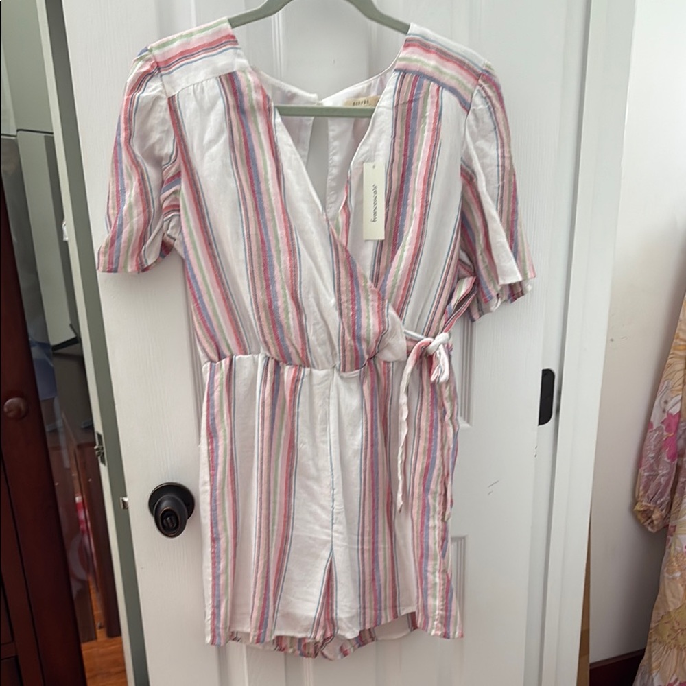 Harper Pink and White Puff Sleeve Wrap Romper